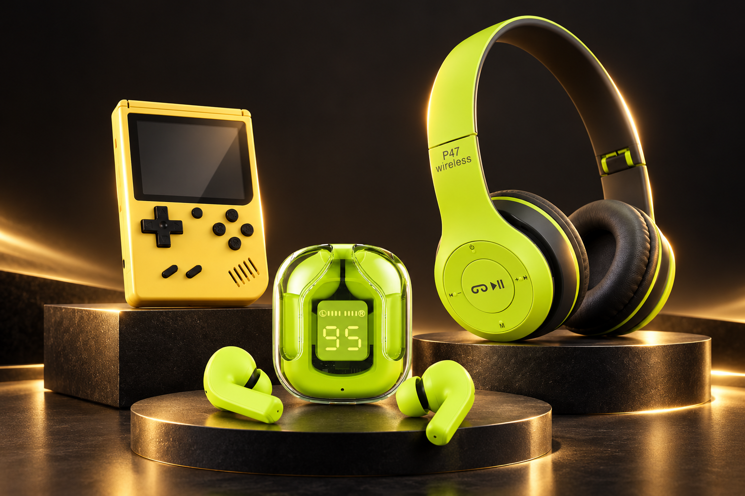 BritBuy retro handheld console, LED-display earbuds and P47 headphones